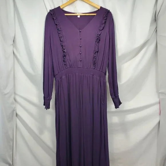 Garnet Hill Women's Purple Midi Dress V-Neck Ruffle Smocked Waist L (A-2) - Picture 2 of 11